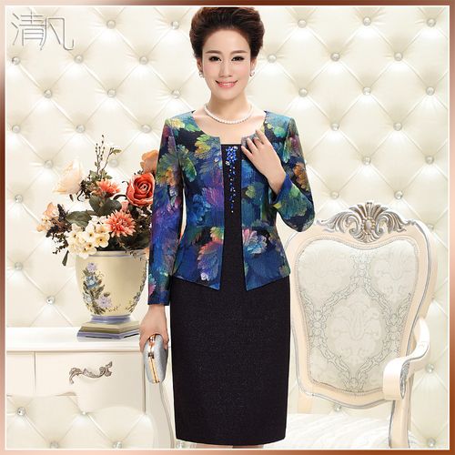 清凡高檔婚禮媽媽裝連衣裙長袖春裝新款時尚藍(lán)色假兩件結(jié)婚禮服裝產(chǎn)品